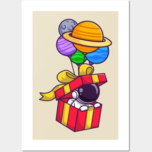 Cute Astronaut In Box Floating With Planet Balloon Cartoon Posters and Art